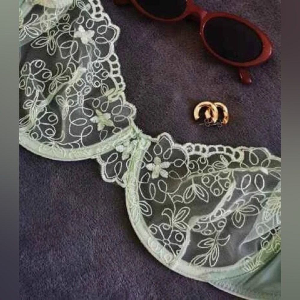Pure Desire Sage Green 🌿 sheer/mesh embroidery Bra & thong Medium🔥Never worn🔥